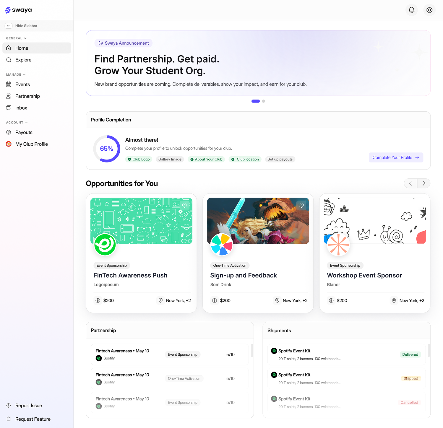 Swaya club dashboard